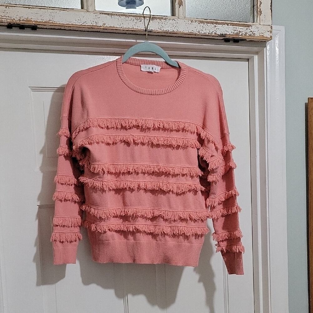 THML For Anthropology Fringe Sweater, Oversized XS,  Coral Pink, Artsy, Boho